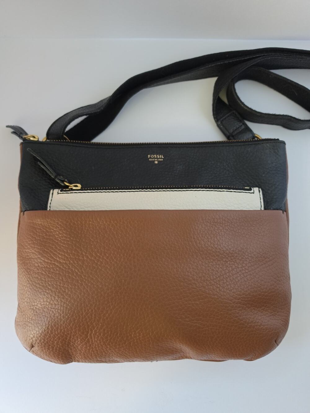 Fossil Leather Crossbody Bag Brown Black Cream Colorblock Minimalist Style